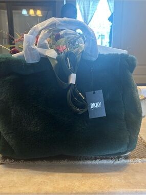 DKNY Forest Green Faux Fur Tote Bag with Removable Strap